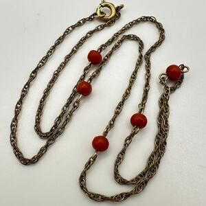 Vintage 12kt gold filled genuine red coral beads beaded station chain necklace